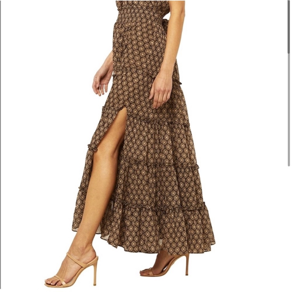 MISA Ananda tiered ruffle maxi skirt smocked elastic waist metallic print small